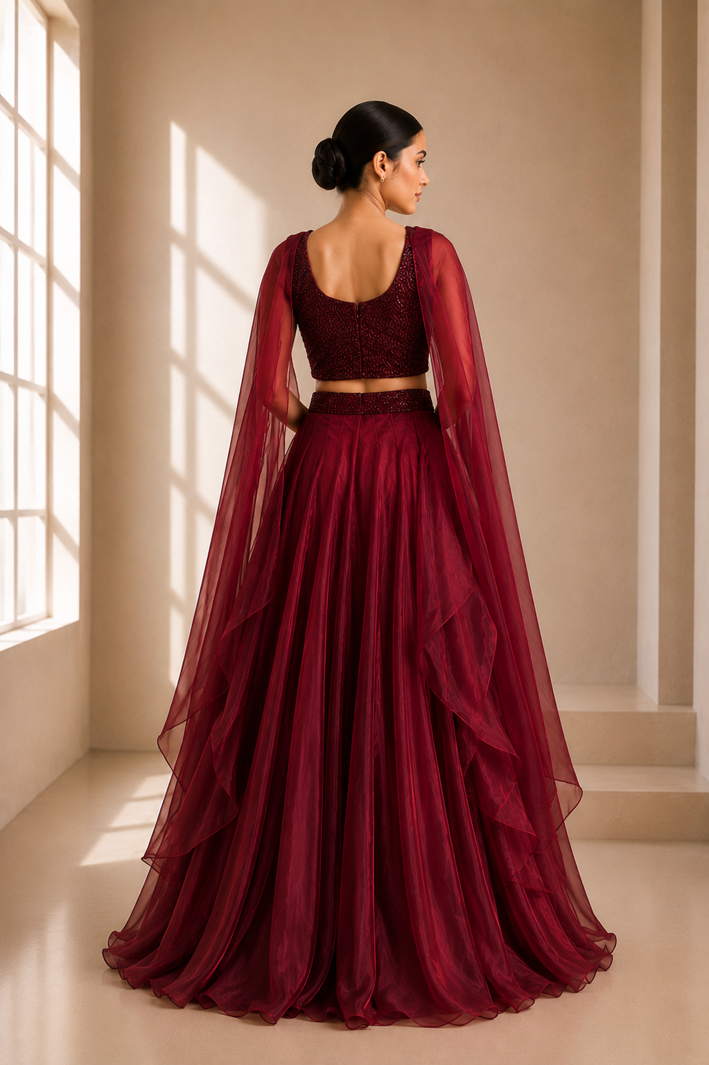 Maroon ruffle organza lahenga set with sequin embroidered crop top and sheer dupatta
