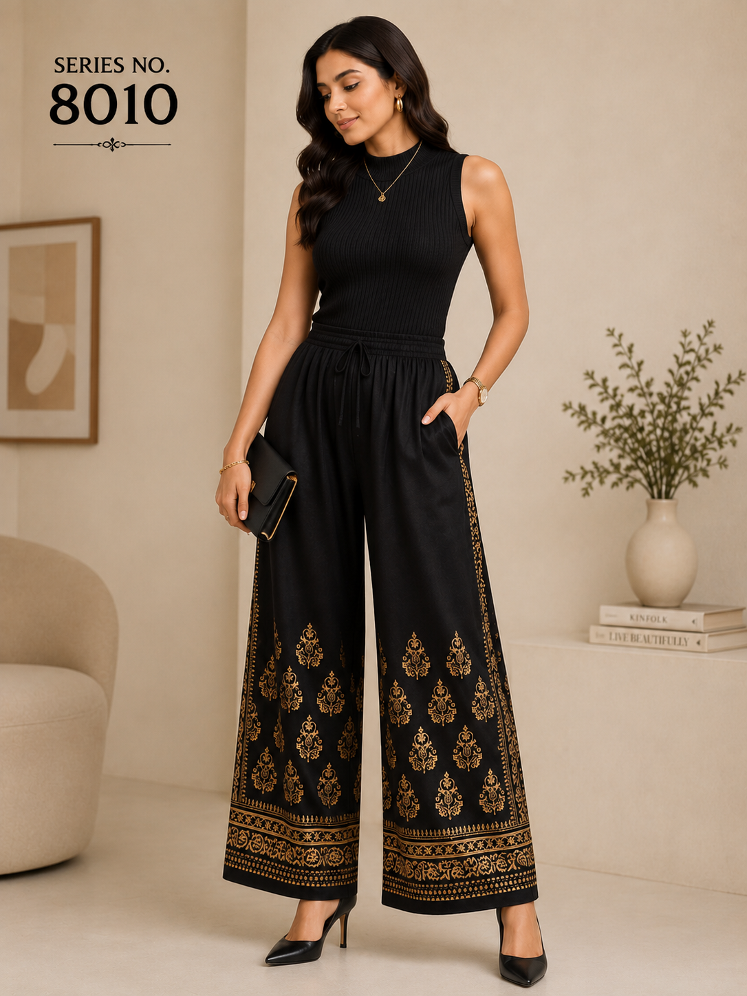 YJ FASHION Black Wide Leg Palazzo Pants With Gold Print