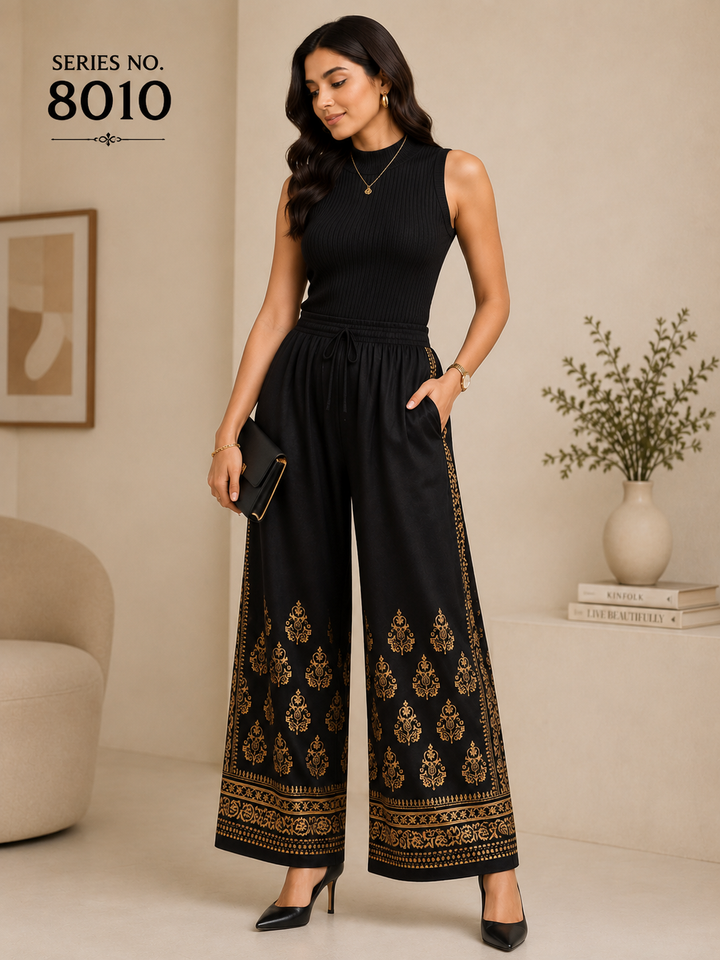 YJ FASHION Black Wide Leg Palazzo Pants With Gold Print