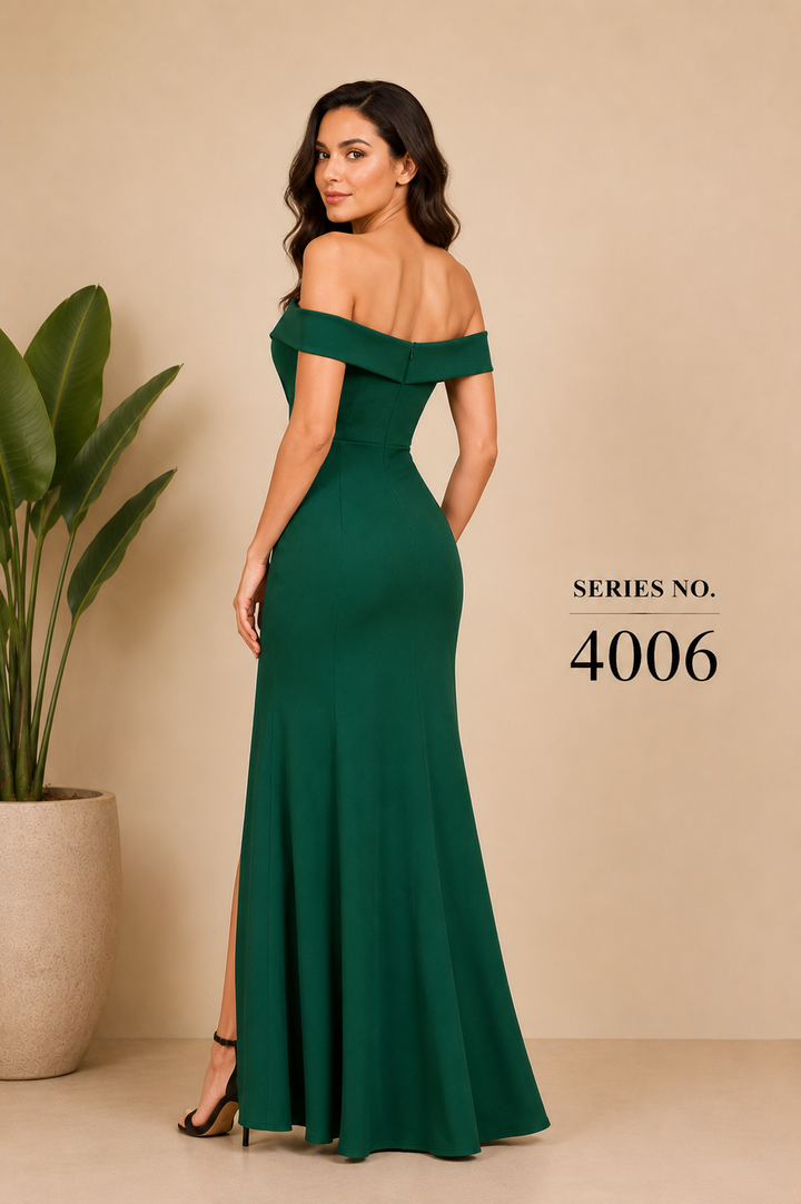 YJ FASHION Emerald Green Off-Shoulder High Slit Maxi Gown - Series 4006