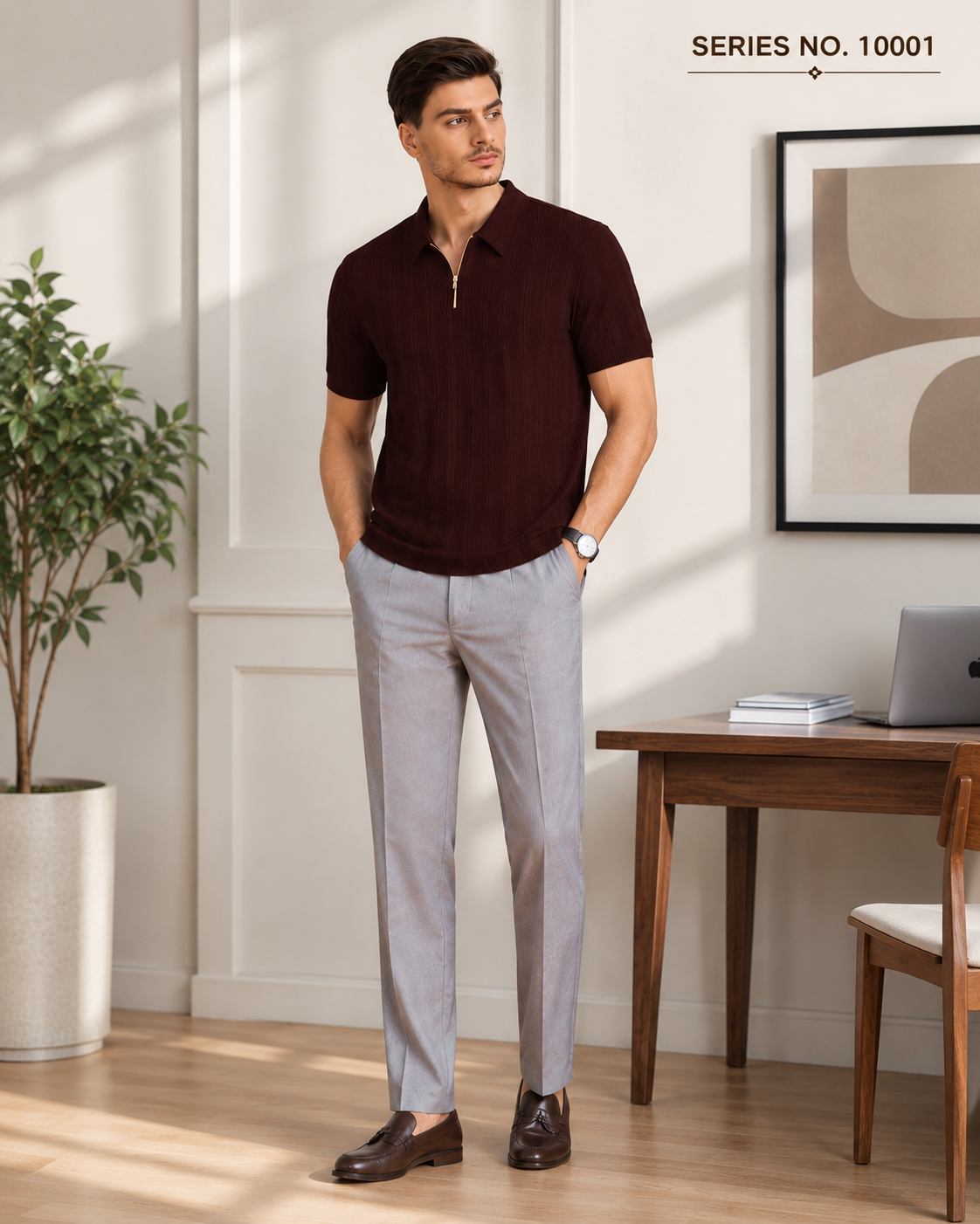 YJ FASHION Men's Textured Zip Collar Polo T-Shirt