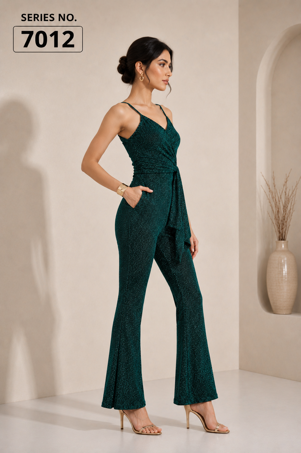 YJ FASHION Teal Shimmer Wrap Tie Jumpsuit