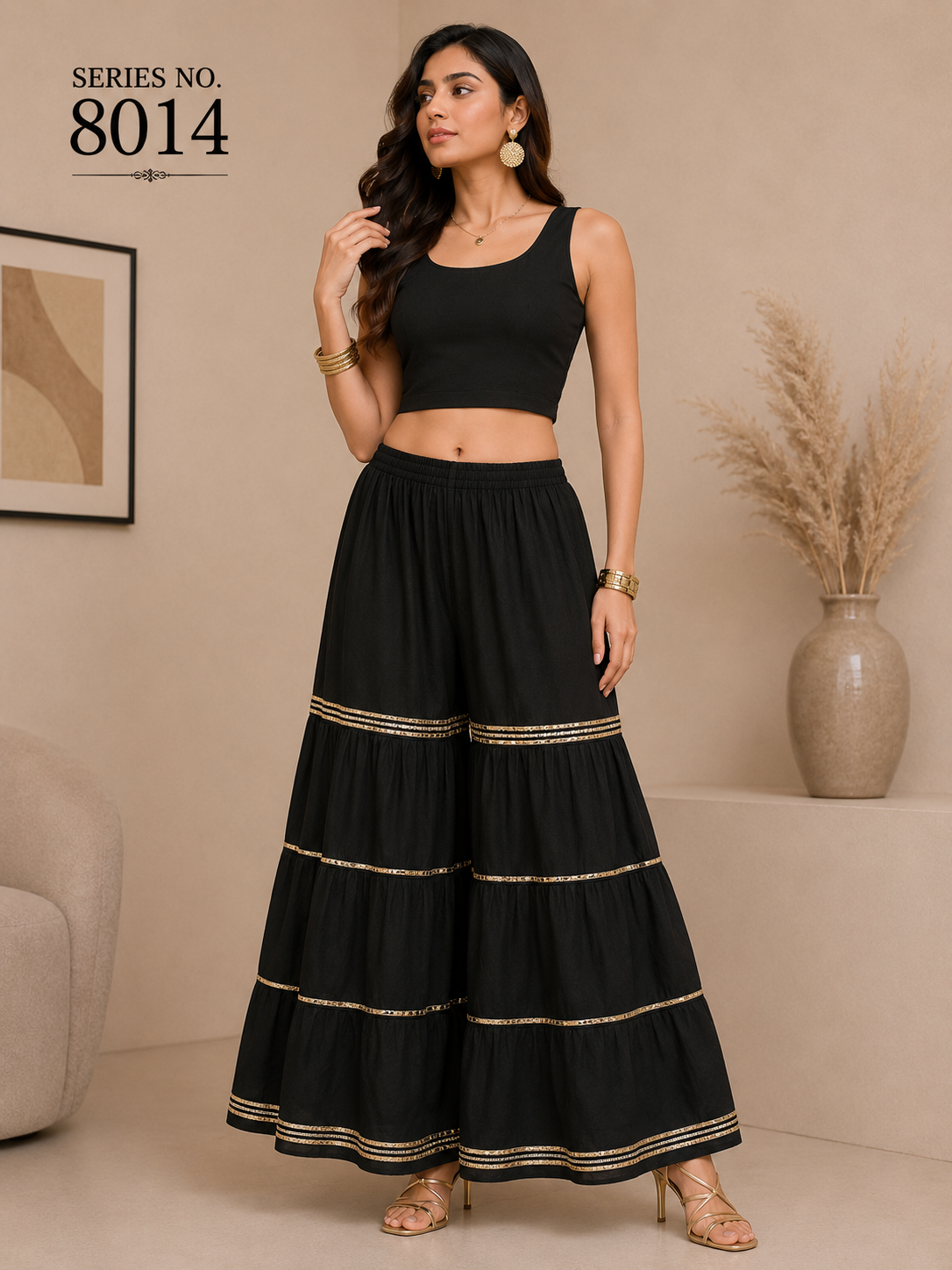 YJ FASHION Black Tiered Palazzo Pants With Gold Detailing