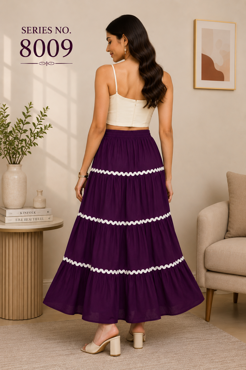 YJ FASHION Plum Tiered Maxi Skirt With White Lace Trim