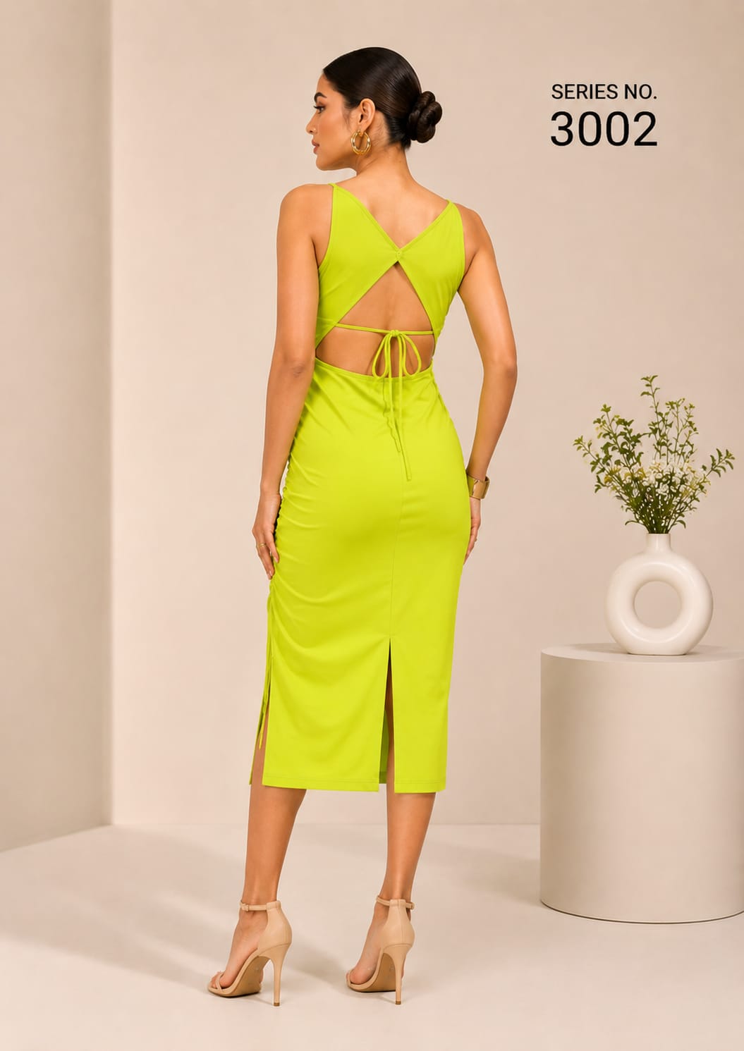 YJ FASHION Neon Green Ruched Side-Slit Midi Dress - Series 3002